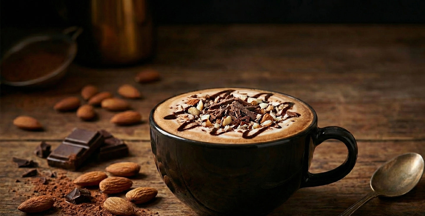 Cup of coffee with chocolate and nuts on a wooden table