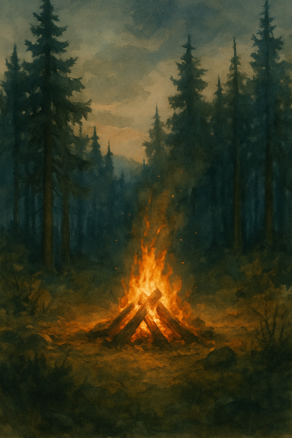 Campfire in a forest with tall trees and a dark sky